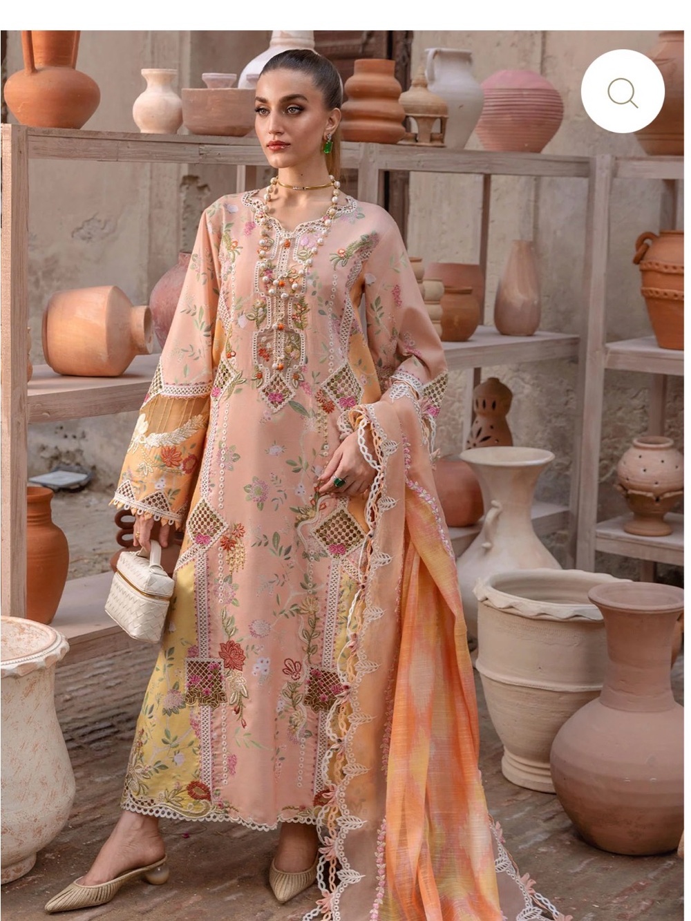 Embroidered Peach Long-Sleeve Women's Dress with Coordinating Shawl
